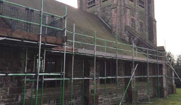 Longsdon Church - Scaffold for new roof, supplied with rubble chute - rear view